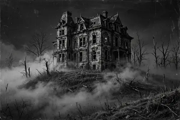 Scary abandoned haunted house on a hill at night, black and white horror wallpaper