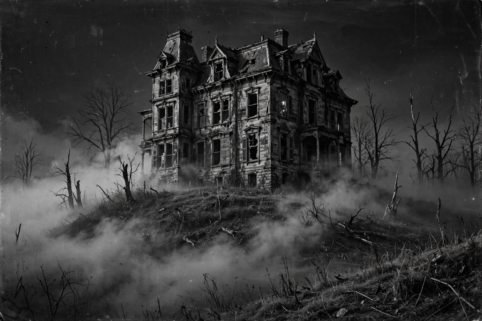 Scary abandoned haunted house on a hill at night, black and white horror wallpaper