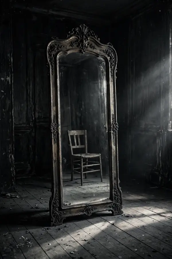 Creepy antique mirror in a dark room, black and white scary wallpaper