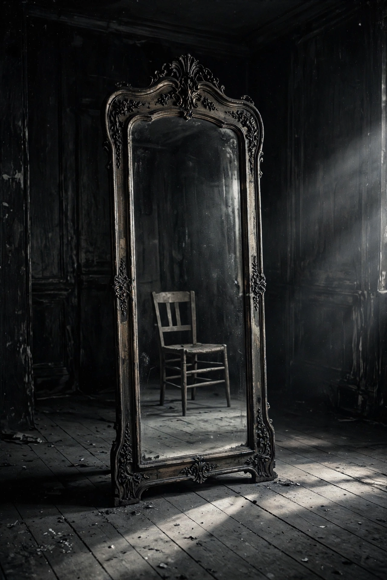 Creepy antique mirror in a dark room, black and white scary wallpaper