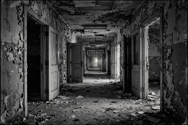 Scary abandoned hospital corridor, black and white horror wallpaper