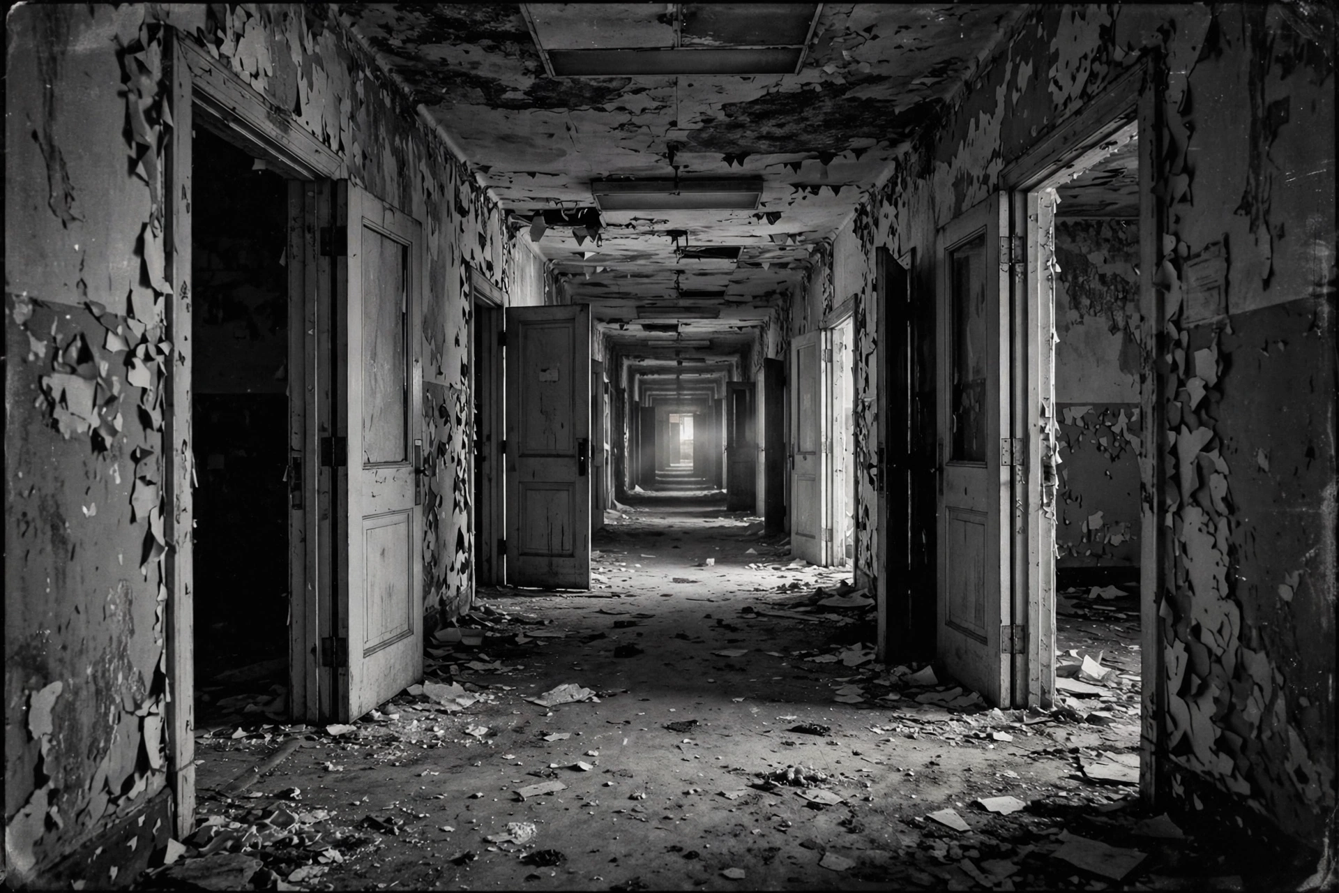 Scary abandoned hospital corridor, black and white horror wallpaper
