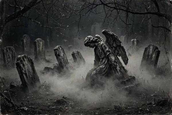 Creepy cemetery with tombstones in mist at night, black and white horror wallpaper