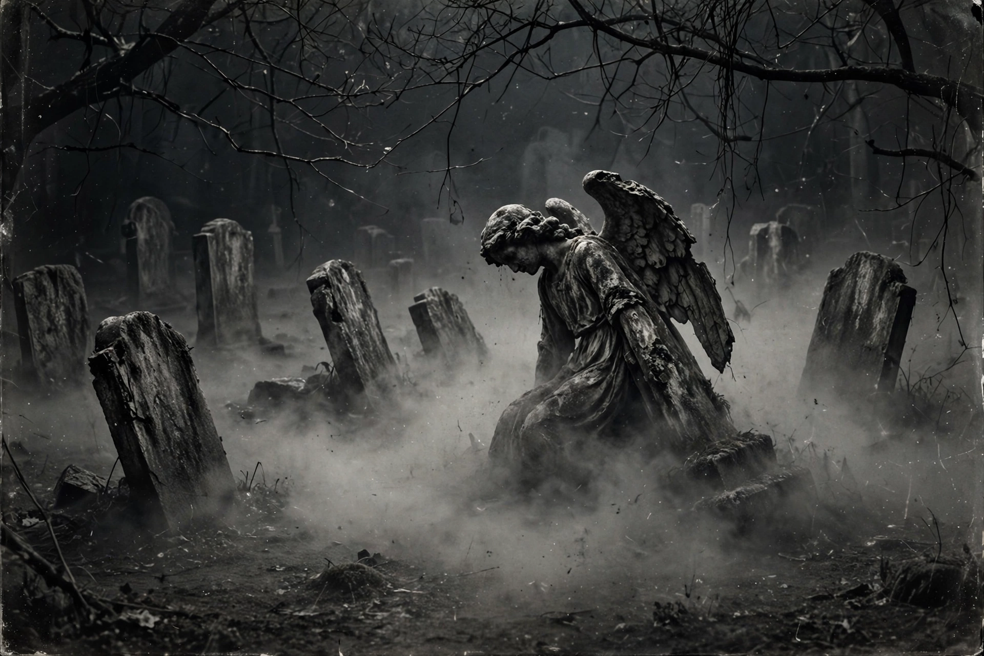 Creepy cemetery with tombstones in mist at night, black and white horror wallpaper