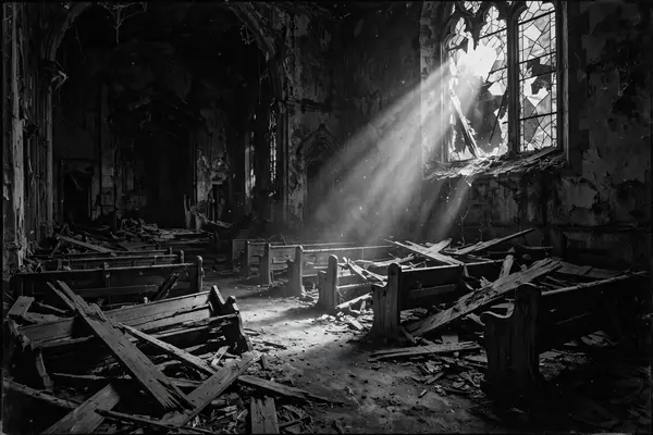 Abandoned church interior with broken pews, black and white scary wallpaper
