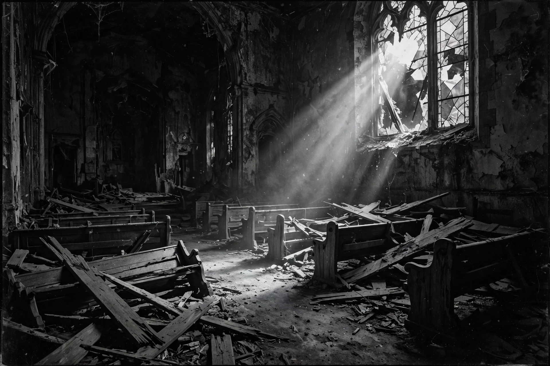 Abandoned church interior with broken pews, black and white scary wallpaper