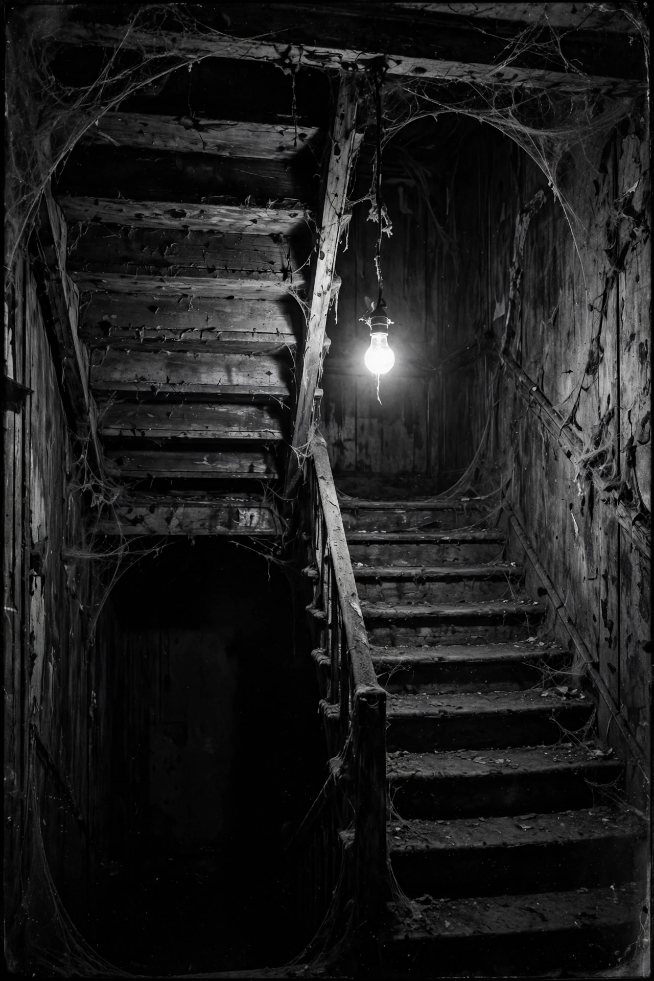 Dark staircase descending into darkness, black and white horror wallpaper