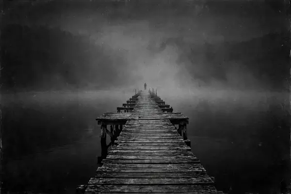 Lone figure on a foggy pier over dark water at night, black and white horror wallpaper