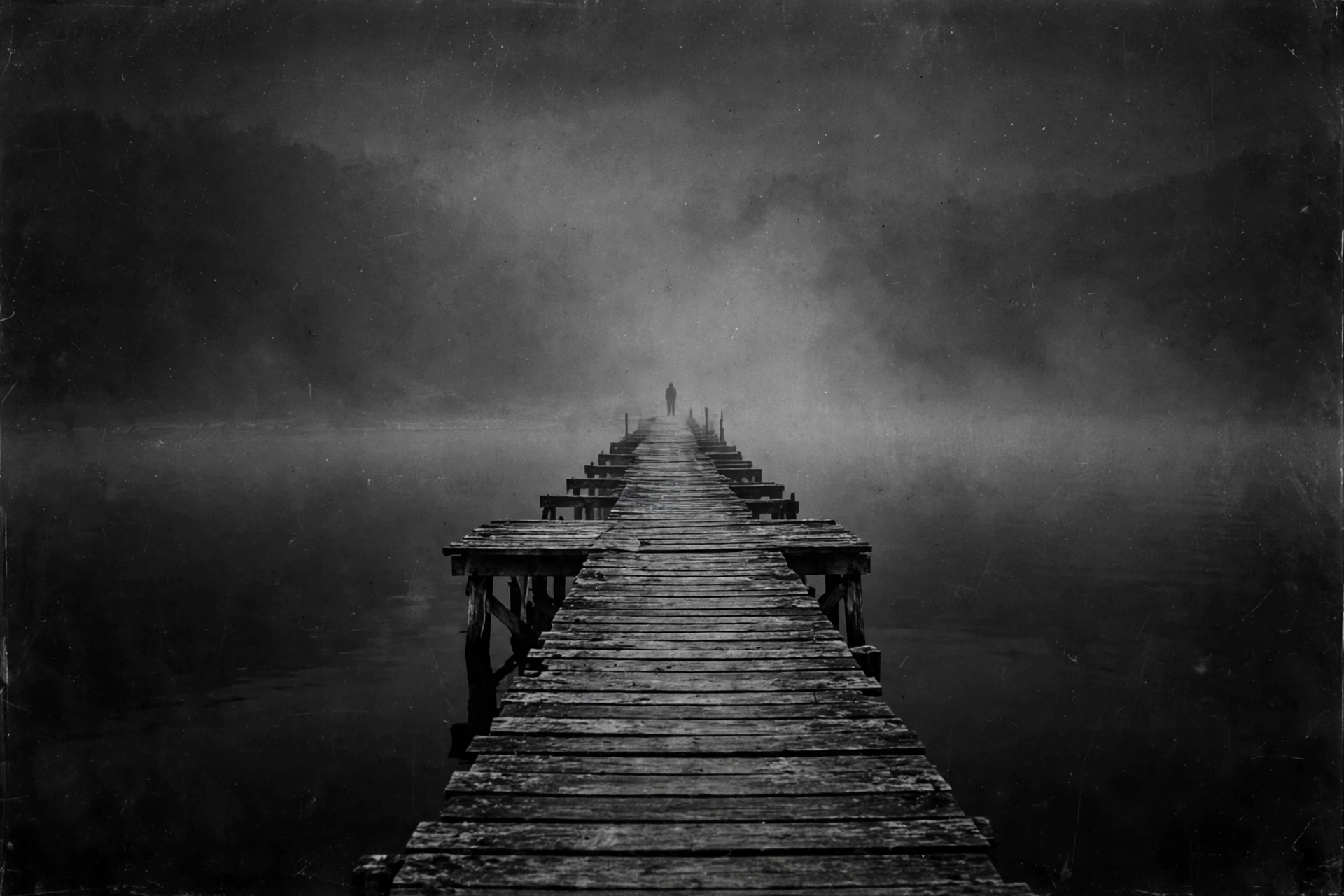 Lone figure on a foggy pier over dark water at night, black and white horror wallpaper