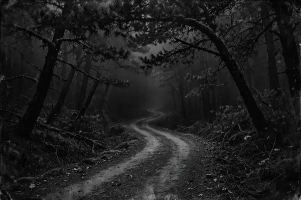 Foggy forest road at night disappearing into darkness, black and white horror wallpaper