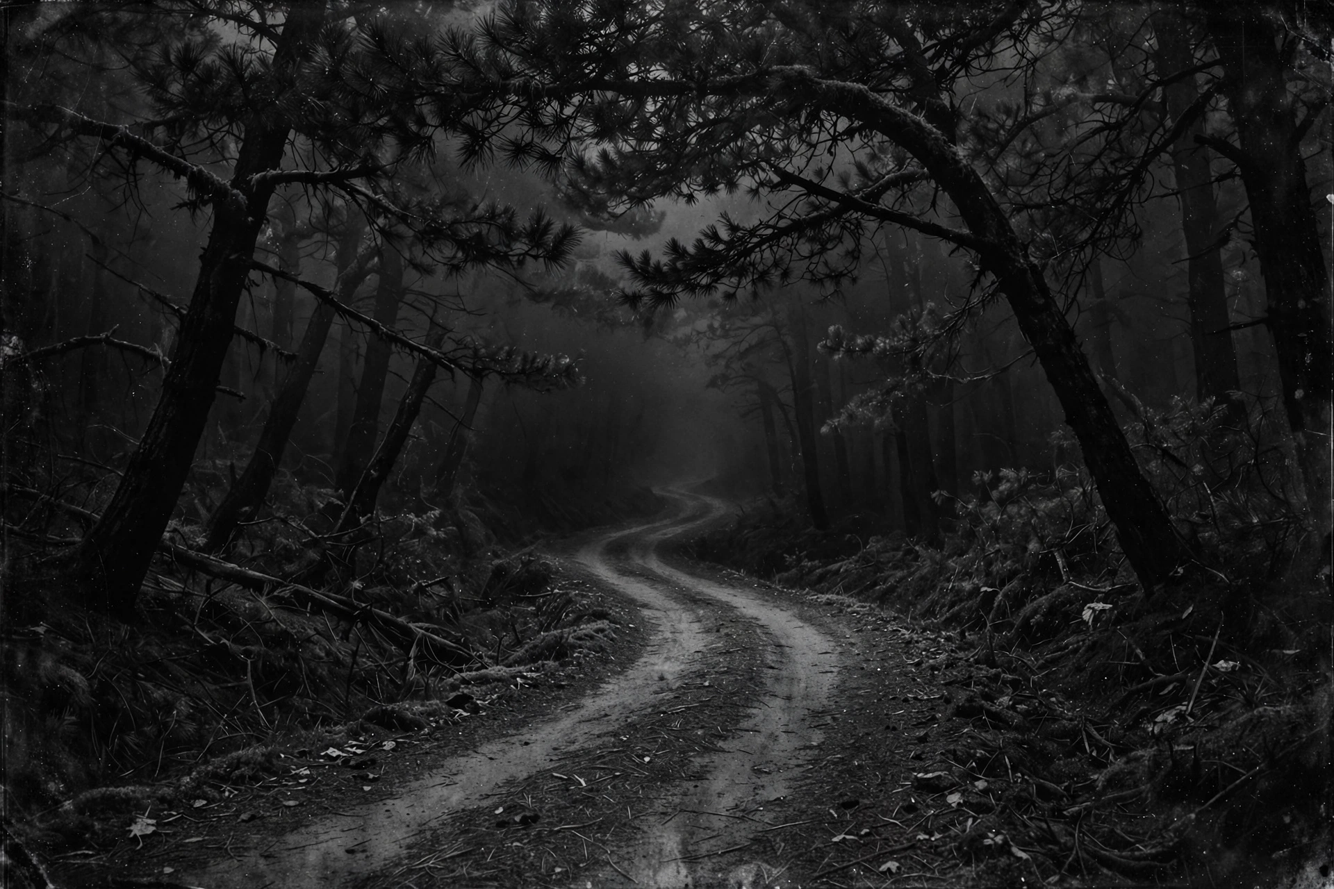Foggy forest road at night disappearing into darkness, black and white horror wallpaper