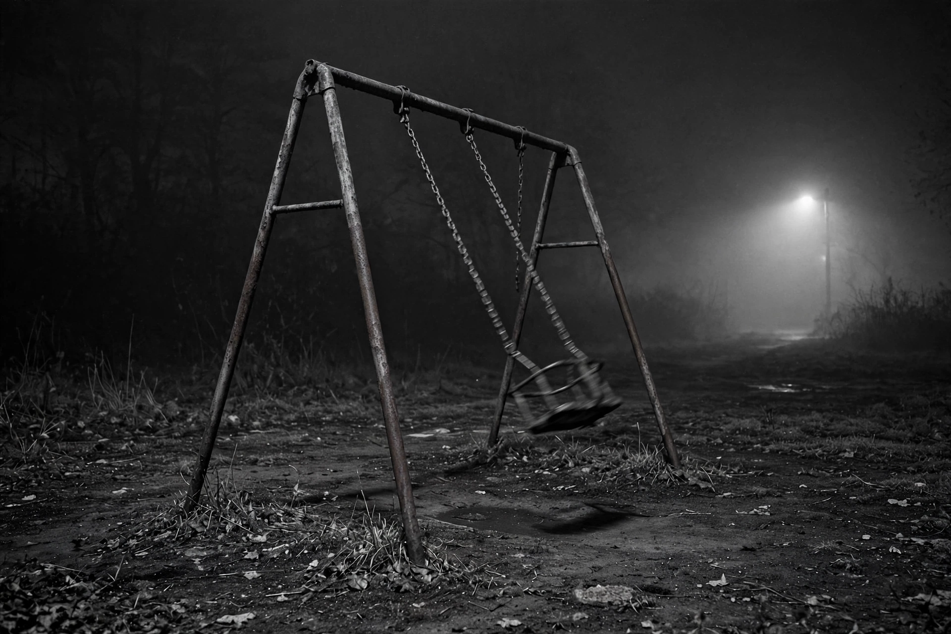 Empty playground at night with swing in fog, black and white creepy wallpaper