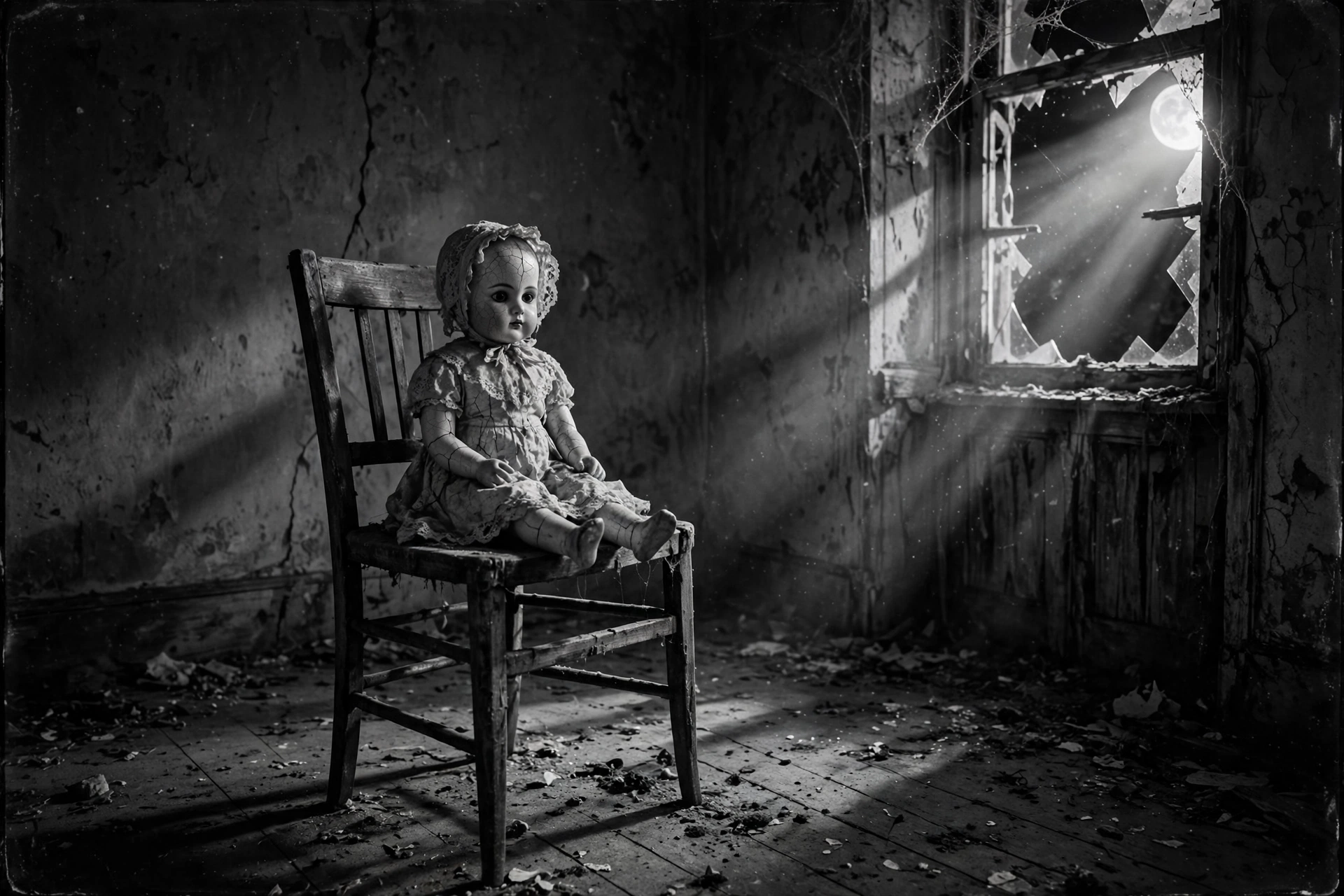 Creepy porcelain doll in an abandoned room, black and white horror wallpaper
